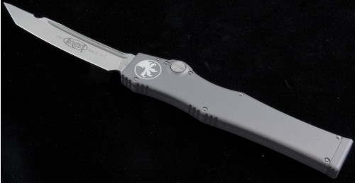 Microtech Knives Gray Halo V T/E Automatic OTF S/A Knife (4.6in Satin Plain S35-VN) 150-4GY - Front