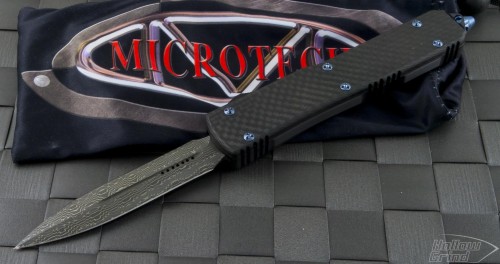 Microtech Knives Custom Carbon Fiber Ultratech D/E Automatic OTF D/A Knife (3.44in Damascus Plain ) UT-CF-DAM - Front