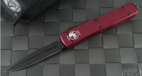 Microtech Knives Red Ultratech D/E Automatic OTF D/A Knife (3.44in Black Plain S30-V) VNT-0076 - Front