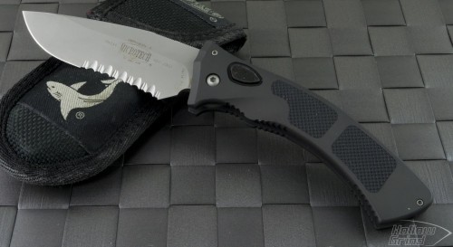 Microtech Knives Amphibian S/E Automatic Folder S/A Knife (3.25in Bead Blasted Part Serr 14-4CrMo) VNT-0075 - Front
