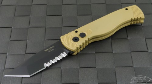 Pro-Tech Tan TR1.32 T/E Automatic Folder S/A Knife (3in Black Part Serr 154-CM) PT-TR132 - Front