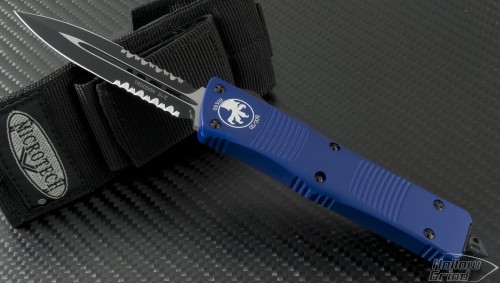 (#138-2BL) Microtech Blue Troodon D/E Black Partial Serrated - Front