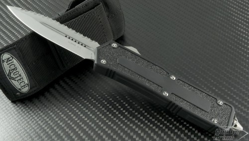 Microtech Knives Scarab D/E Automatic OTF D/A Knife (3.44in Stonewashed Serr S35-VN) 175-12 - Front