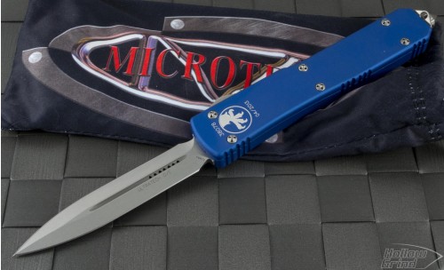 Microtech Knives Blue Ultratech D/E Automatic OTF D/A Knife (3.44in Stonewashed Plain ELMAX) 122-10BL - Front
