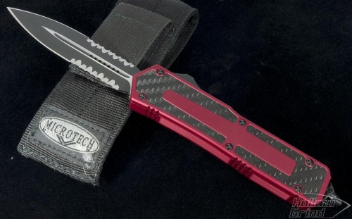 (#VNT-0001) Microtech Scarab D/E Red Handle Black Serrated CF Inlay - Front