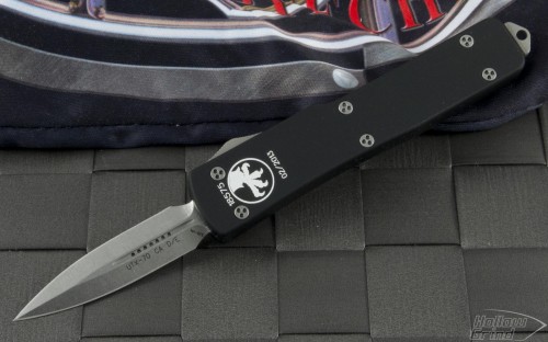 Microtech Knives UTX-70 D/E Automatic OTF D/A Knife (1.75in Stonewashed Plain ATS-34) CA147-10 - Front