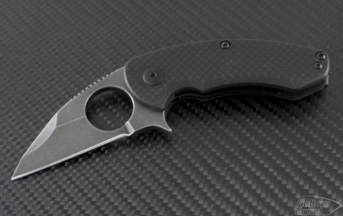 Brous Blades Carbon Fiber Silent Soldier Flipper Warncliffe Knife (2.1in Stonewashed Plain D2) JB-SS-FOLDER-ACIDSW - Front