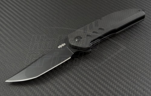 Brous Blades Carbon Fiber Strife T/E Flipper Knife (3.75in Black Plain D2) JB-STRIFE-BK - Front