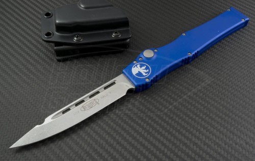 Microtech Knives Blue Halo V S/E Automatic OTF S/A Knife (4.6in Stonewashed Plain N690) 151-10BL - Front