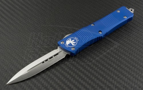 Microtech Knives Blue Troodon D/E Automatic OTF D/A Knife (3.1in Satin Plain CTS-XHP) 138-4BL - Front