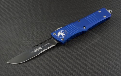Microtech Knives Blue Troodon S/E Automatic OTF D/A Knife (3.1in DLC Part Serr CTS-XHP) 139-2BL - Front