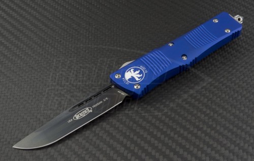 Microtech Knives Blue Troodon S/E Automatic OTF D/A Knife (3.1in DLC Plain CTS-XHP) 139-1BL - Front