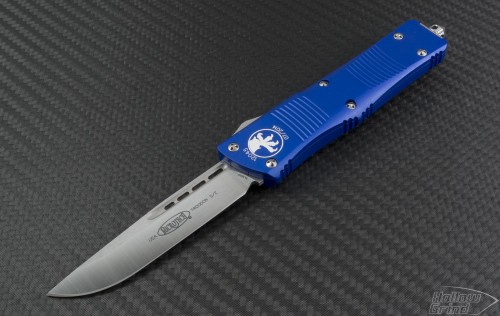 Microtech Knives Blue Troodon S/E Automatic OTF D/A Knife (3.1in Satin Plain ELMAX) 139-4BL - Front