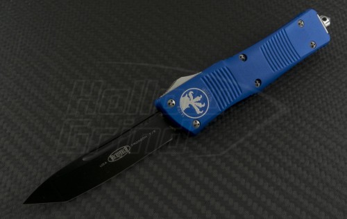 Microtech Knives Blue Troodon T/E Automatic OTF D/A Knife (3.1in Black Part Serr ELMAX) 140-1BL - Front