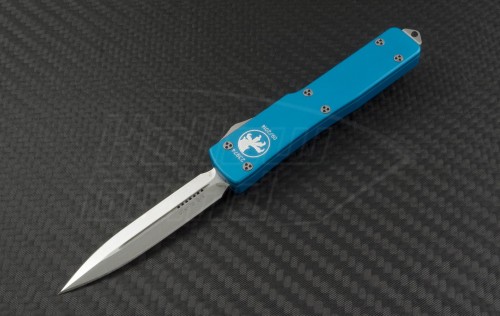Microtech Knives Blue UTX-70 D/E Automatic OTF D/A Knife (2.41in Stonewashed Plain ELMAX) 147-10TQ - Front