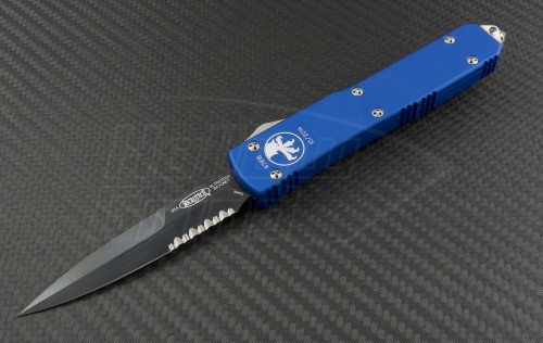 Microtech Knives Blue Ultratech D/E Automatic OTF D/A Knife (3.44in Black Part Serr ELMAX) 120-2BL - Front