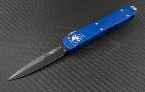 Microtech Knives Blue Ultratech D/E Automatic OTF D/A Knife (3.44in Black Plain ELMAX) 120-1BL - Front