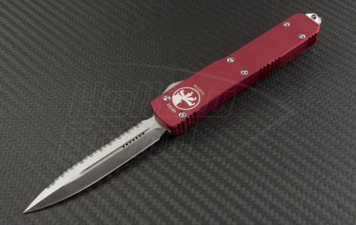 Microtech Knives Blue Ultratech D/E Automatic OTF D/A Knife (3.44in Satin Plain ELMAX) 122-6RD - Front