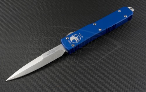 Microtech Knives Blue Ultratech D/E Automatic OTF D/A Knife (3.44in Stonewashed Plain ELMAX) 120-10BL - Front