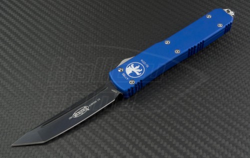 Microtech Knives Blue Ultratech T/E Automatic OTF D/A Knife (3.44in DLC Plain ELMAX) 123-1BL - Front