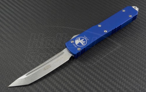 Microtech Knives Blue Ultratech T/E Automatic OTF D/A Knife (3.44in Stonewashed Plain ELMAX) 123-10BL - Front