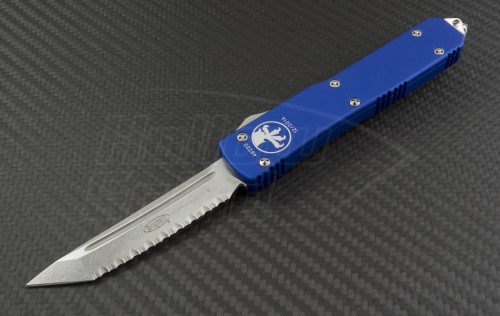 Microtech Knives Blue Ultratech T/E Automatic OTF D/A Knife (3.44in Stonewashed Serr ELMAX) 123-12BL - Front