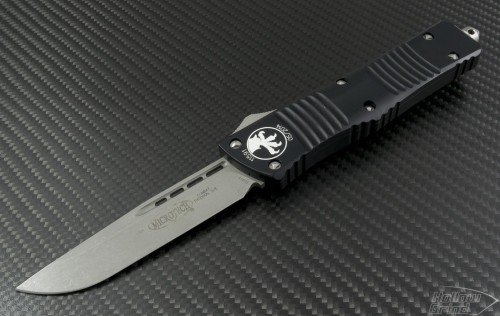 Microtech Knives Combat Troodon Clip Point Automatic OTF D/A Knife (3.75in Stonewashed Plain ELMAX) 143-10AP - Front