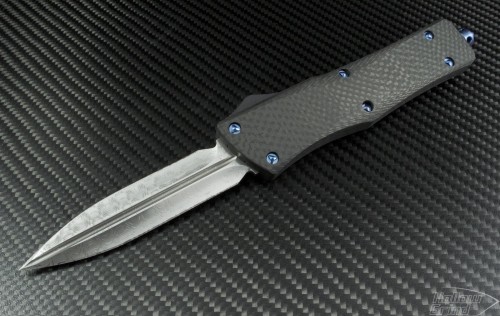 Microtech Knives Custom Carbon Fiber Combat Troodon D/E Automatic OTF D/A Knife (3.75in Damascus Plain ) CT-CF-PDAM - Front