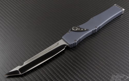 Microtech Knives Custom Gray Halo V T/E Automatic OTF S/A Knife (4.6in Mirror Polished Plain 154-CM) HALO-C-GM-TE - Front