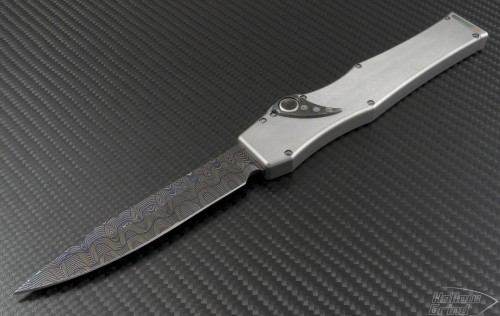 Microtech Knives Custom Stainless Steel Halo V S/E Automatic OTF S/A Knife (4.6in Damascus Plain ) HALO-SS-NM-DAM - Front