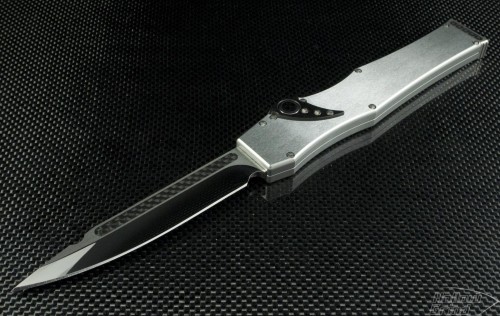 Microtech Knives Custom Stainless Steel Halo V S/E Automatic OTF S/A Knife (4.6in Mirror Polished Plain) HALO-SS-HP - Front