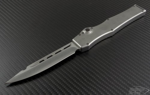 Microtech Knives Custom Stainless Steel Halo V S/E Automatic OTF S/A Knife (4.6in Stonewashed Plain) HALO-C-SS-SW - Front