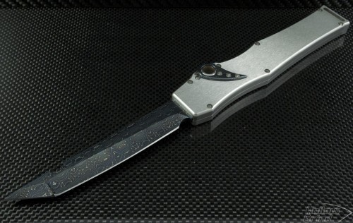 Microtech Knives Custom Stainless Steel Halo V T/E Automatic OTF S/A Knife (4.6in Damascus Plain ) HALO-SS-DAM - Front