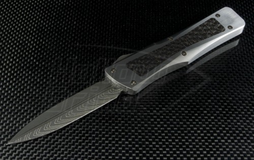Microtech Knives Custom Stainless Steel Troodon D/E Automatic OTF D/A Knife (3in Damascus Plain ) MTC-0006 - Front