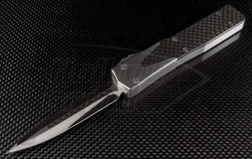 Microtech Knives Custom Stainless Steel UT-10 D/E Automatic OTF D/A Knife (3.5in Mirror Polished Plain ELMAX) MTC-0008 - Front