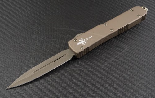 Microtech Knives Custom Tan Ultratech D/E Automatic OTF D/A Knife (3.44in Bronzed Plain ELMAX) UT-DT-DE - Front