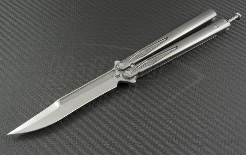 Microtech Knives Custom Titanium Tachyon 3 D/E Butterfly Knife (4.25in Stonewashed Plain ELMAX) MTC-0016 - Front