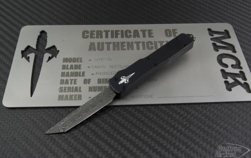 Microtech Knives Custom UTX-70 T/E Automatic OTF D/A Knife (2.41in Damascus Plain ) utx70-c-dam-t - Front