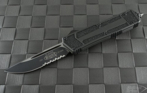 Microtech Knives Gray Scarab S/E Automatic OTF D/A Knife (3.44in Black Part Serr S30-V) VNT-0092 - Front