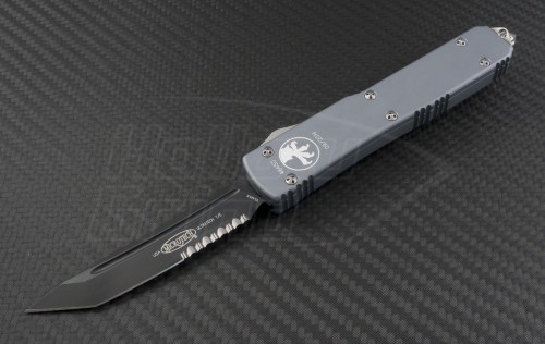Microtech Knives Gray Ultratech T/E Automatic OTF D/A Knife (3.44in DLC Part Serr ELMAX) 123-2GY - Front