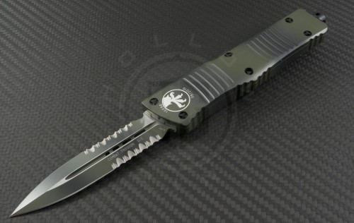 Microtech Knives Green Camo Combat Troodon D/E Automatic OTF D/A Knife (3.75in Color Coated Part Serr ELMAX) 142-2GC - Front