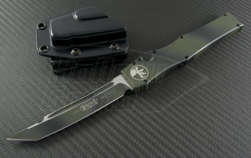 Microtech Knives Green Camo Halo V T/E Automatic OTF S/A Knife (4.6in Color Coated Plain N690) 150-1GC - Front
