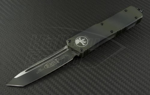 Microtech Knives Green Camo Scarab T/E Automatic OTF D/A Knife (3.44in Color Coated Plain ELMAX) 177-1GC - Front