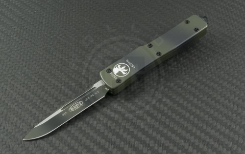 Microtech Knives Green Camo UTX-70 S/E Automatic OTF D/A Knife (2.41in Color Coated Plain ELMAX) 148-1GC - Front