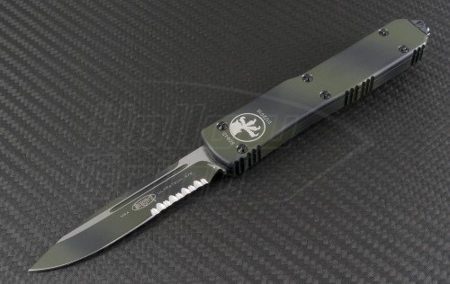 Microtech Knives Green Camo Ultratech S/E Automatic OTF D/A Knife (3.44in Color Coated Part Serr ELMAX) 121-2GC - Front