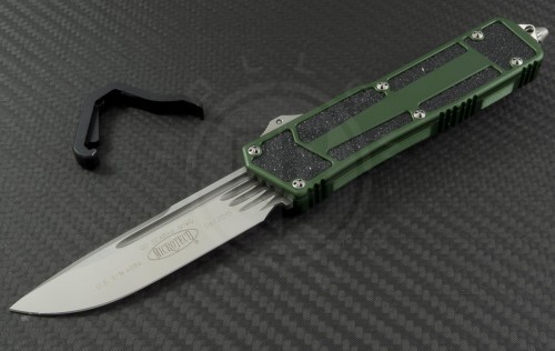 Microtech Knives Green Navy Scarab S/E Automatic OTF D/A Knife (3.44in Satin Plain ELMAX) 182-4OD - Front