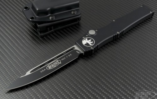 Microtech Knives Halo V S/E Automatic OTF S/A Knife (4.6in Black Plain ELMAX) 151-1-nodlc - Front