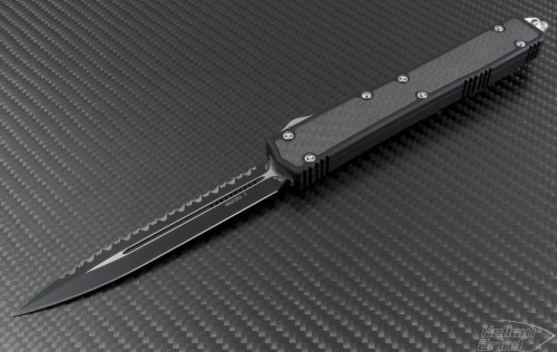 Microtech Knives Makora II D/E Automatic OTF D/A Knife (4.4in Black Serr ELMAX) 106-3 - Front