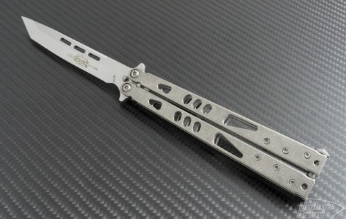 Microtech Knives Metal Tachyon II T/E Butterfly Knife (4.5in Satin Plain 154-CM) 172-4 - Front