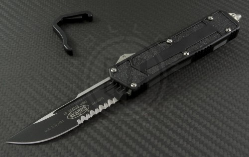 Microtech Knives Navy Scarab S/E Automatic OTF D/A Knife (3.44in Black Part Serr ELMAX) 182-2 - Front